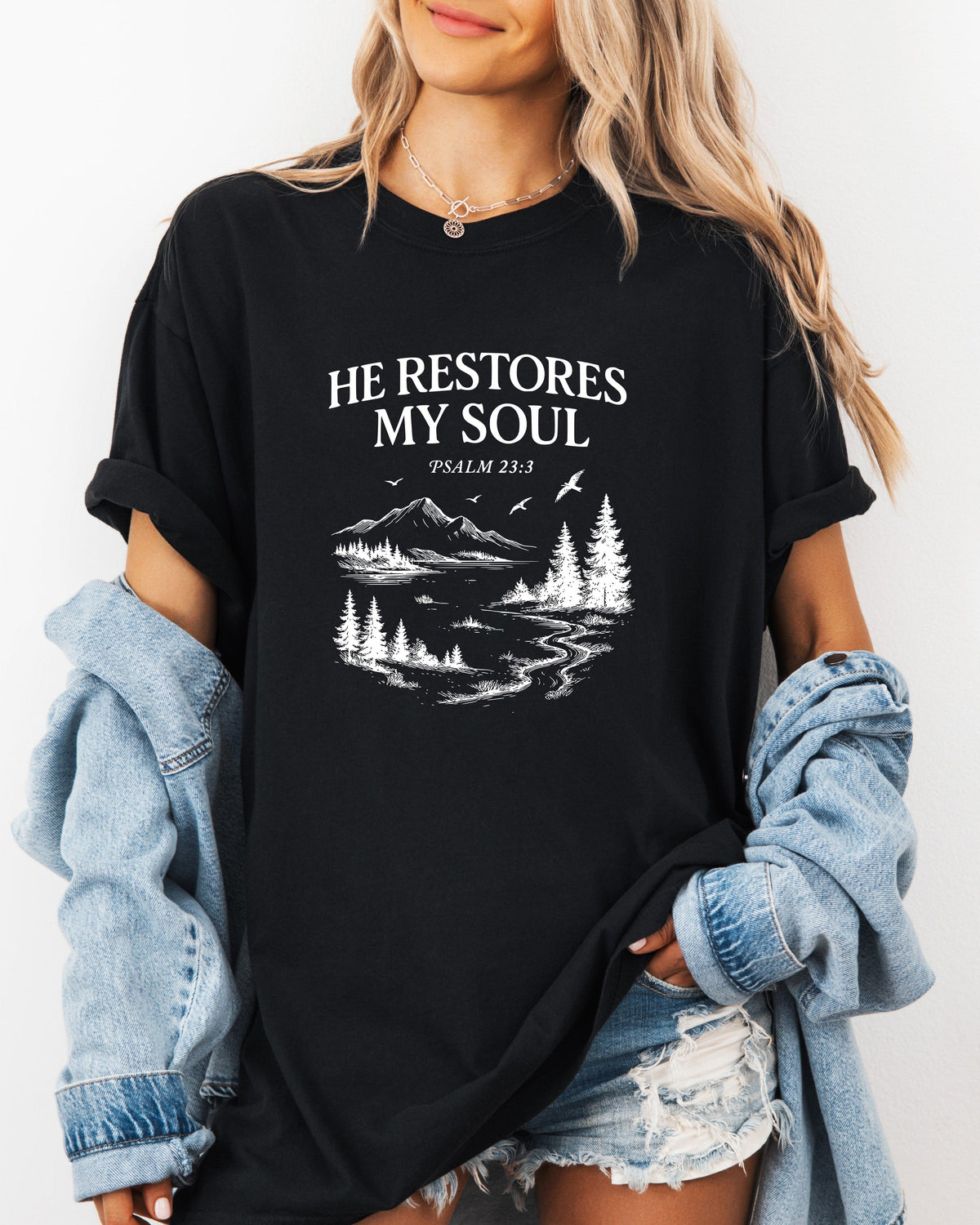 He Restores My Soul Psalm Christian Comfort Colors T-Shirt, Bible Faith Gift