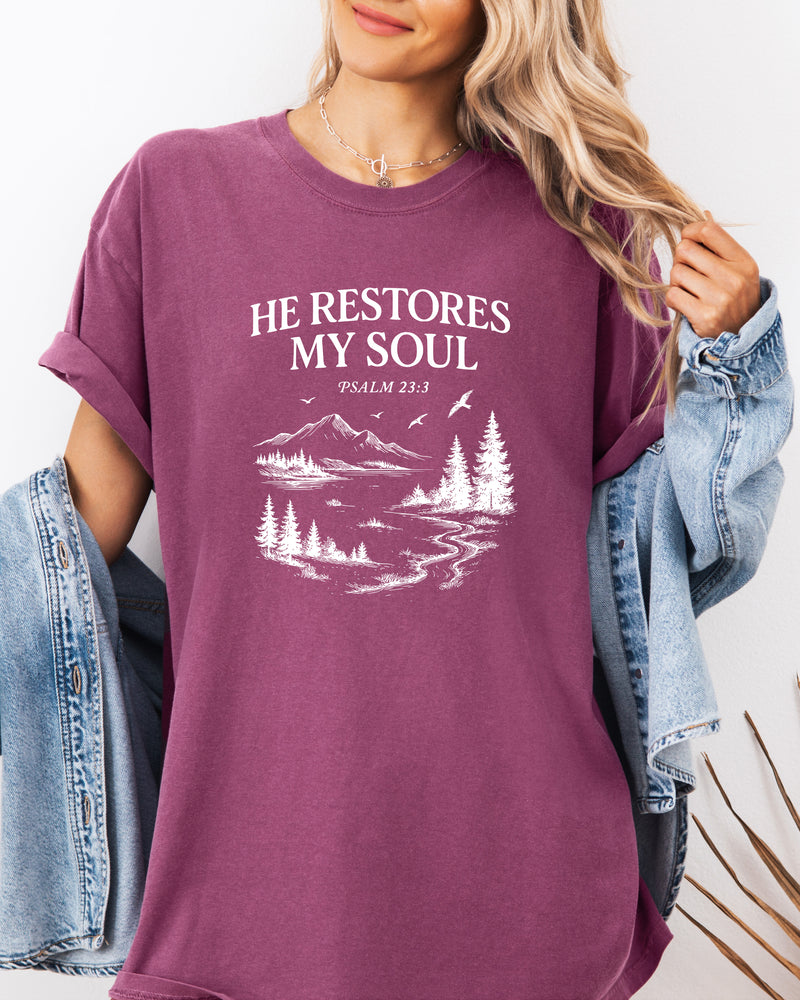 He Restores My Soul Psalm Christian Comfort Colors T-Shirt, Bible Faith Gift