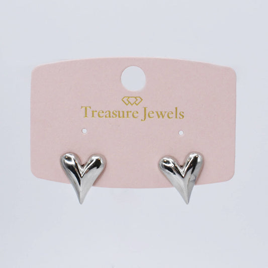 Silver heart tear stud earrings shown on a jewelry card backing