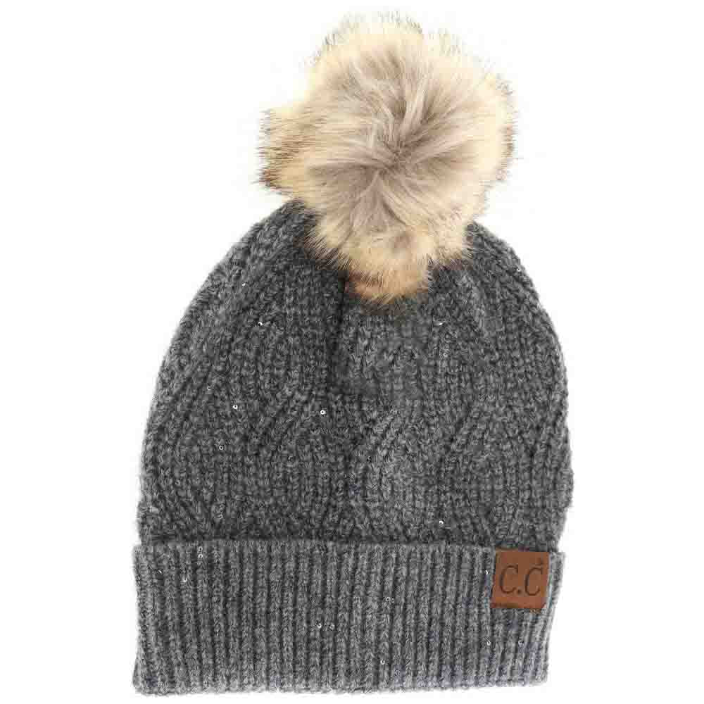Sequin brioche cable knit beanie, dark gray with faux fur pom and ribbed cuff patch CC