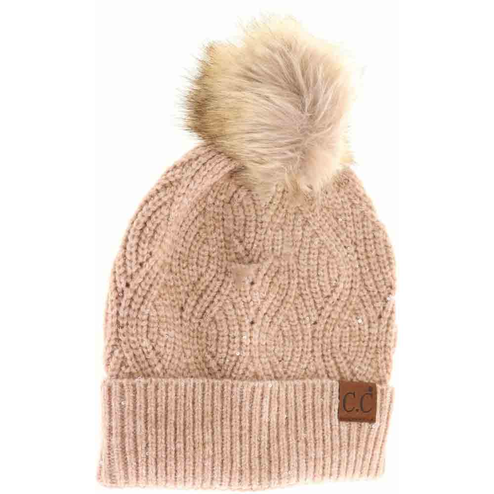 Sequin brioche cable knit beanie, sand beige with faux fur pom and ribbed cuff patch CU
