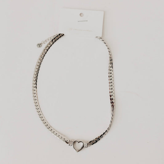Silver-tone heart pendant necklace with curb chain and heart center charm