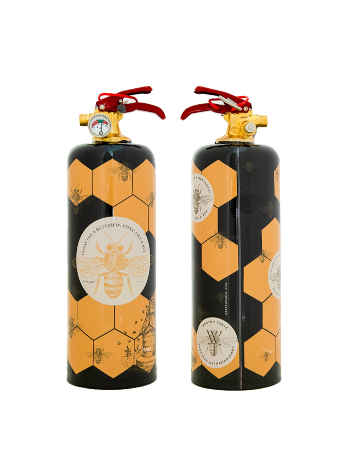 Honeycomb fire extinguishers, black and orange with red valve handles and pressure gauges