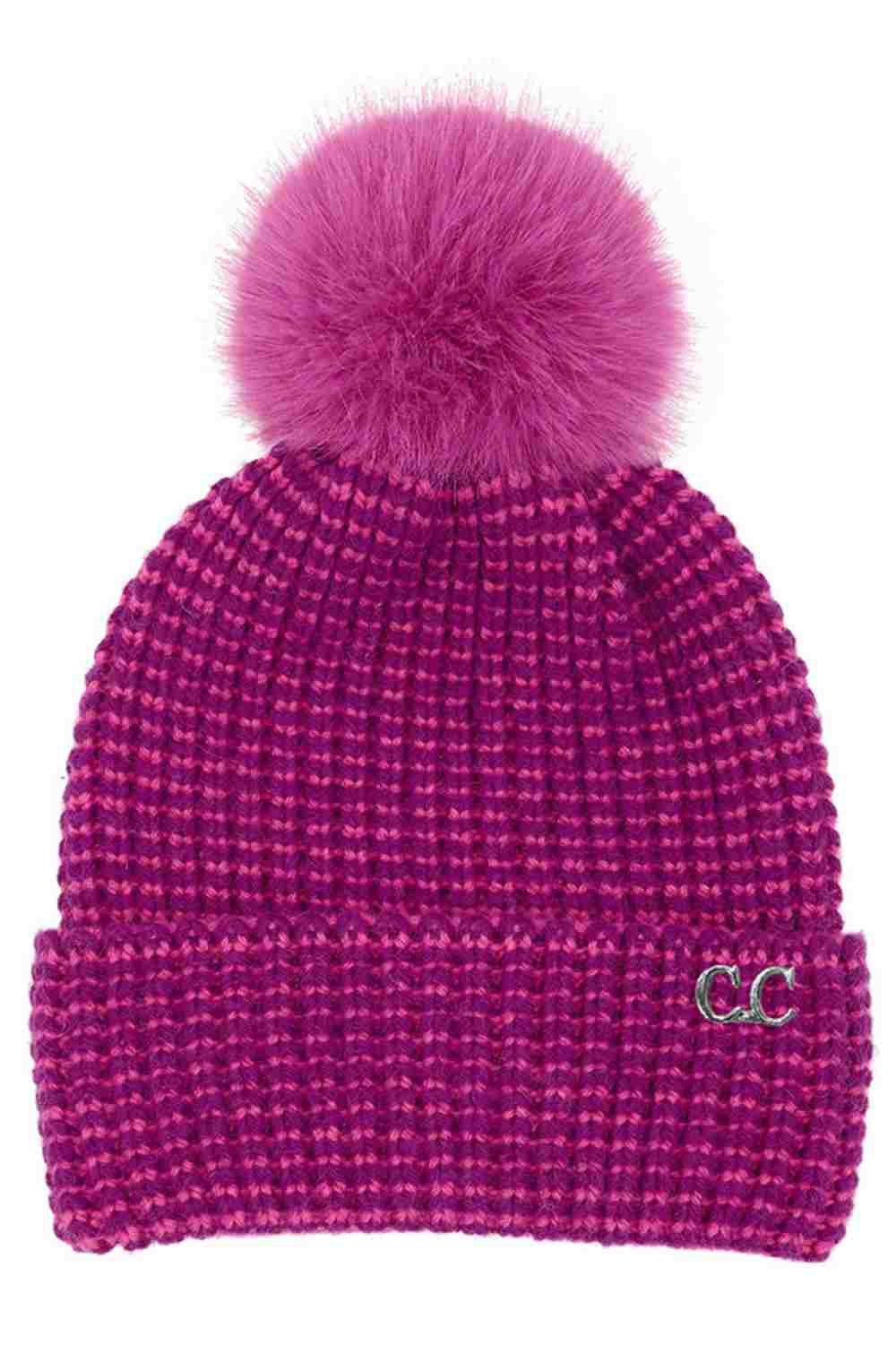 Two-tone magenta knit beanie with faux fur pom-pom and C.C logo patch
