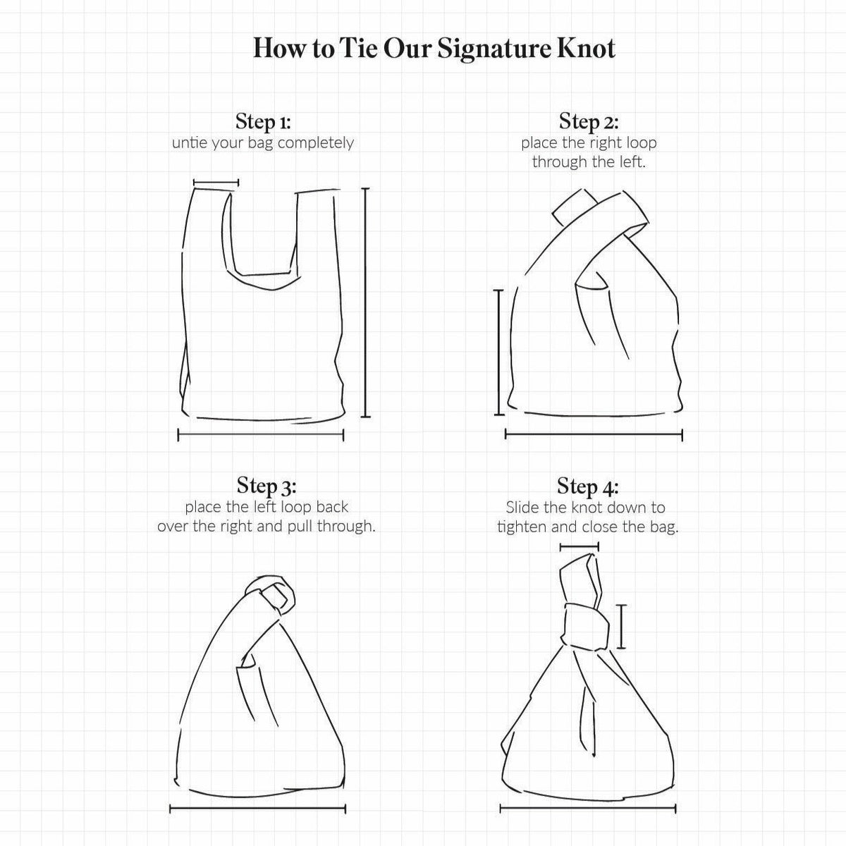 Handbag knot-tying diagram showing how to secure the signature knot