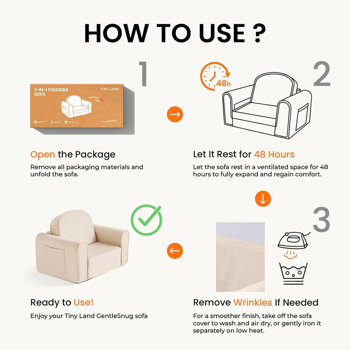 Kids sofa chair assembly guide showing unpacking, setup, and cover care