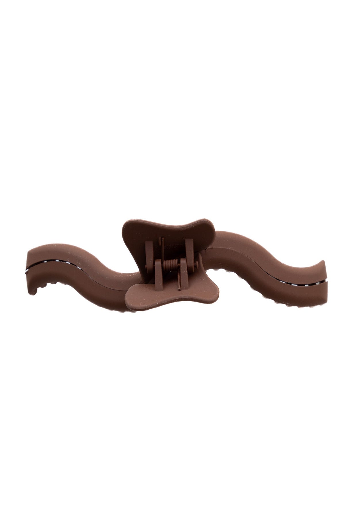 Dark brown hair claw clip with hinged center clasp and comb teeth.