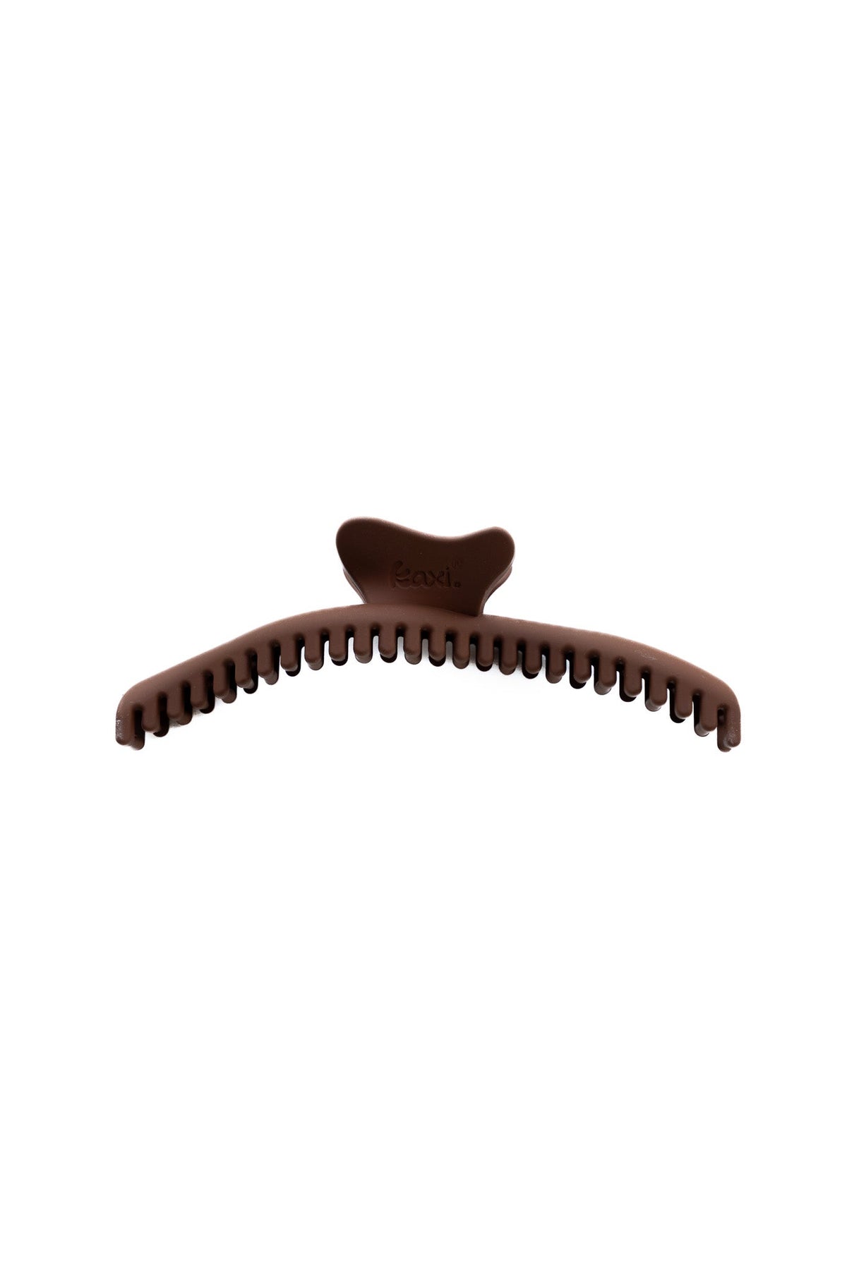Dark brown hair claw clip with curved comb teeth and center hinge.