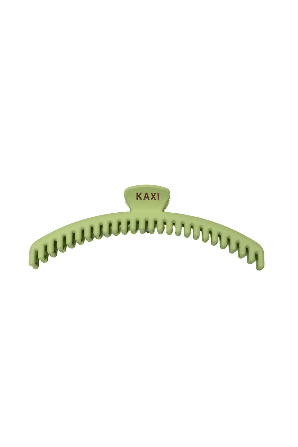 Light green hair claw clip with comb teeth and KAXI logo on top