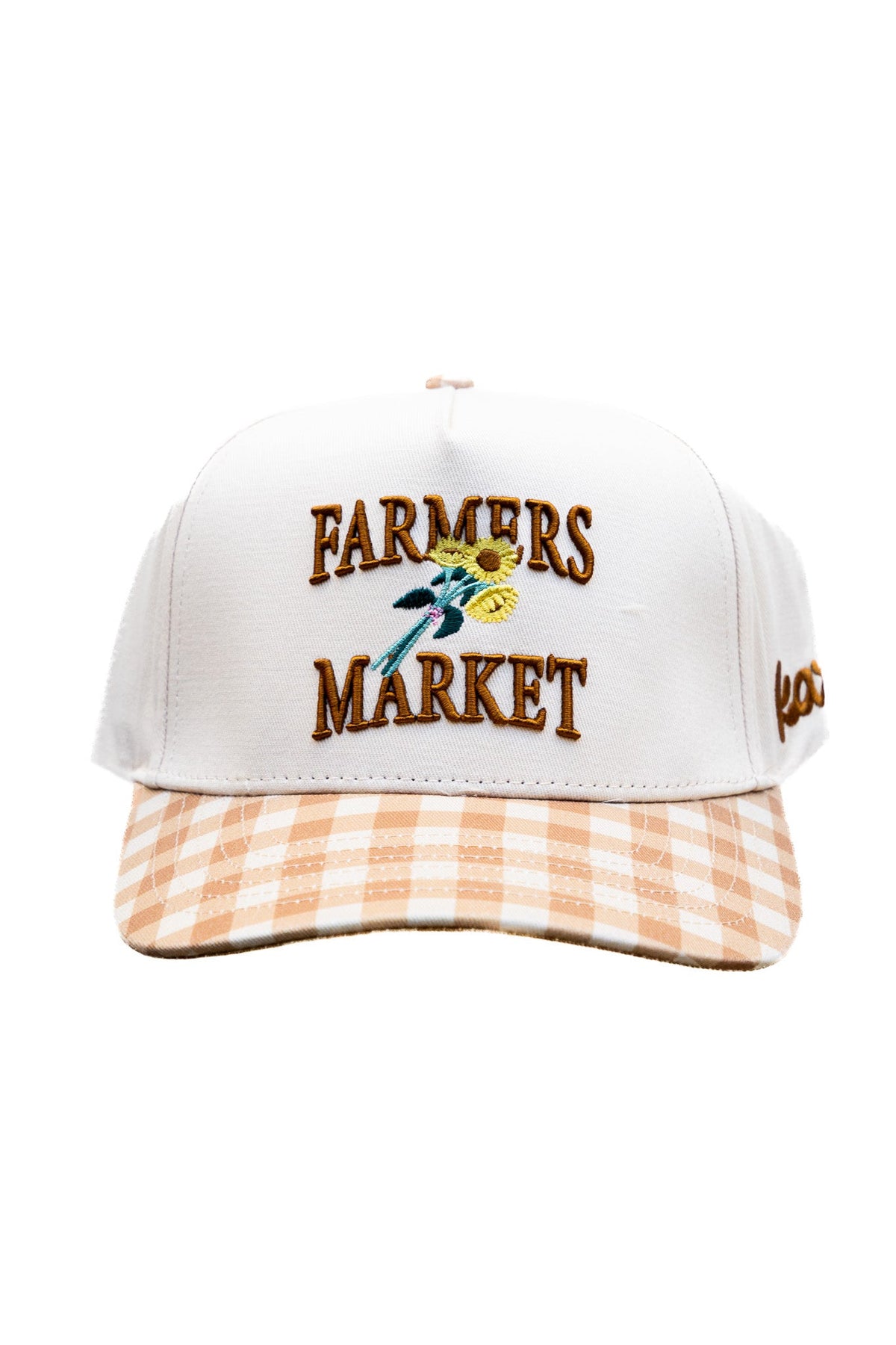 White trucker cap with embroidered Farmers Market logo and orange gingham front panel