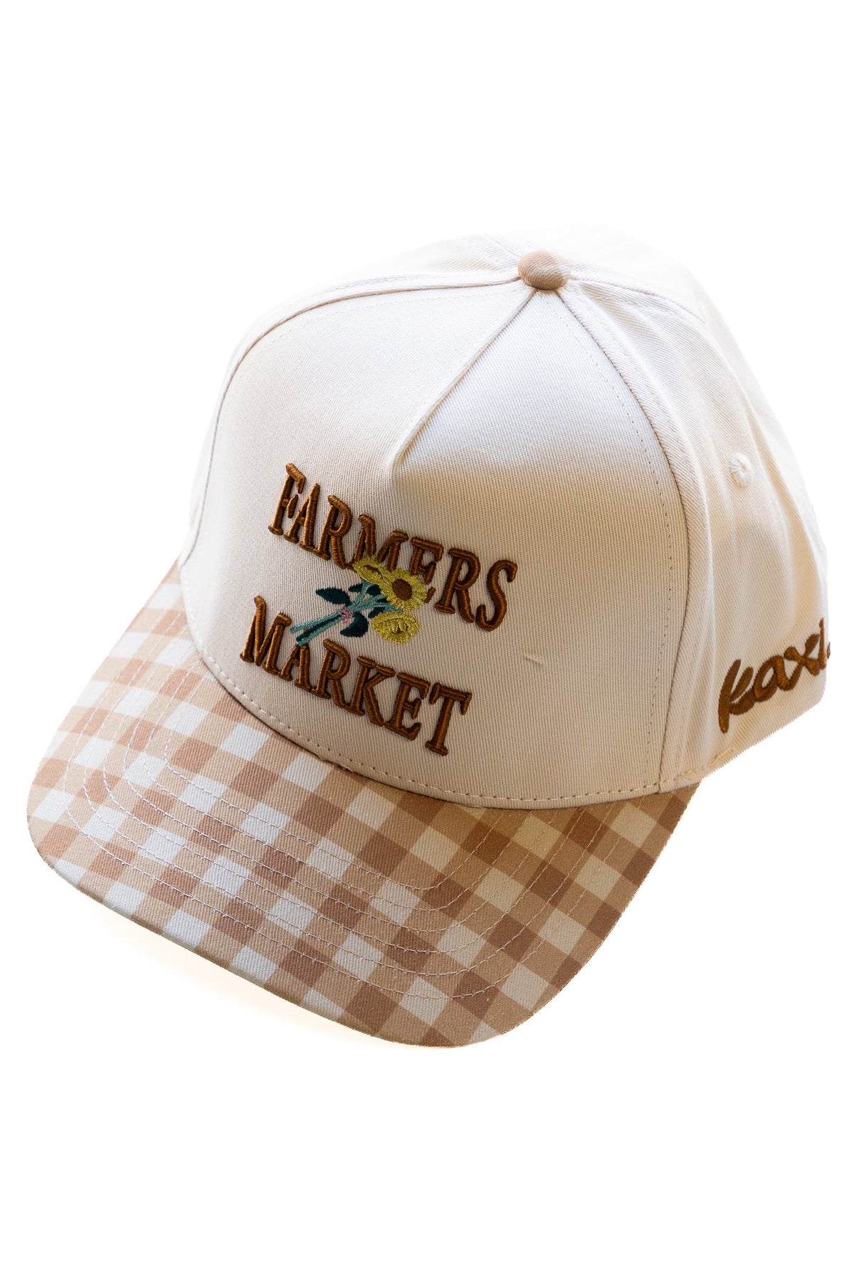 Beige trucker cap with Farmers Market embroidery and orange gingham bottom brim