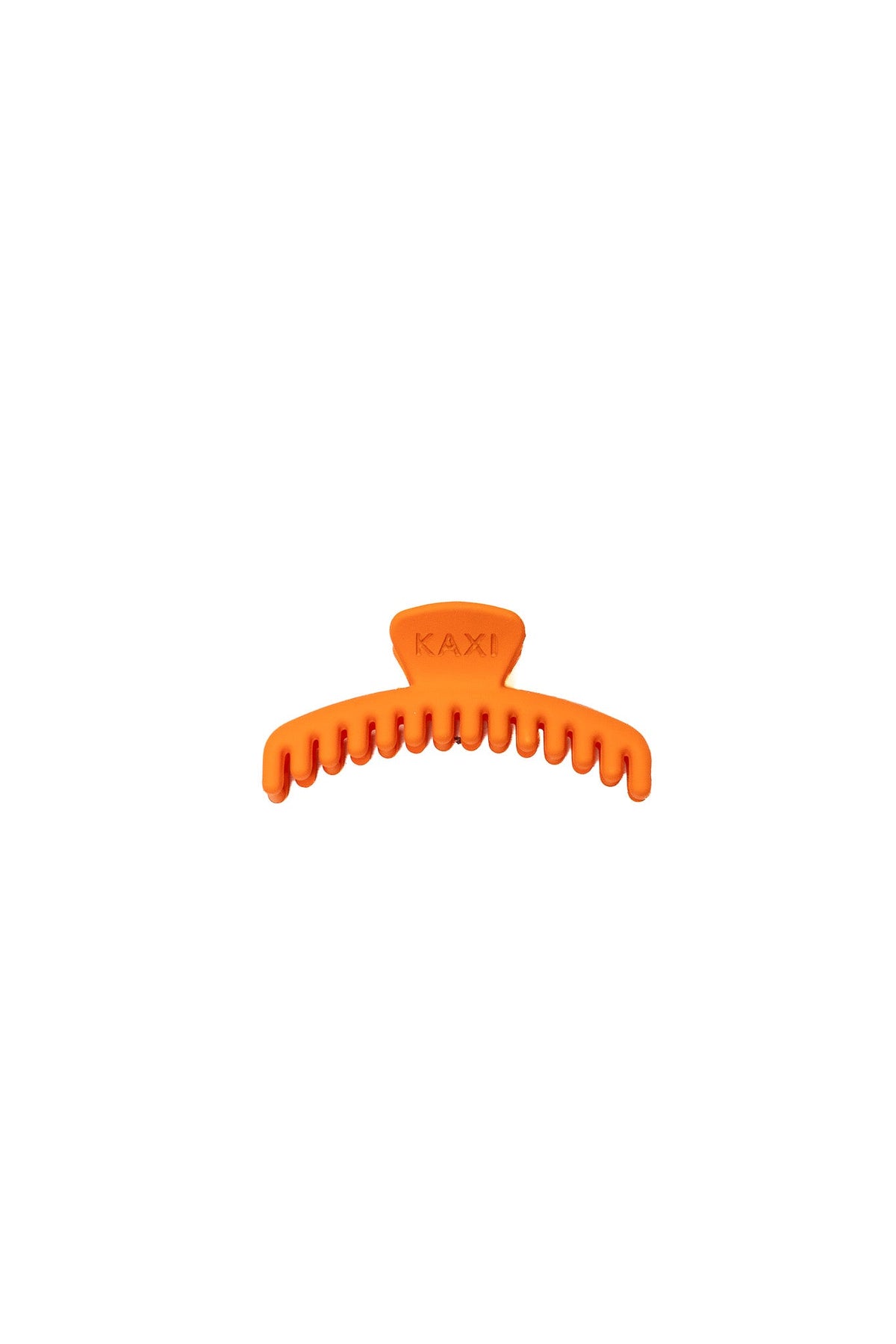 Orange matte mini claw hair clip with teeth and KAXI logo.