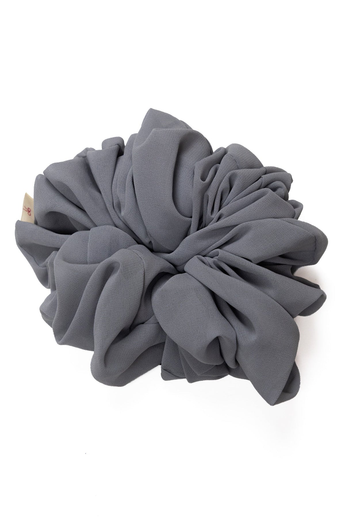 Gray jumbo scrunchie with oversized ruched rosette shape