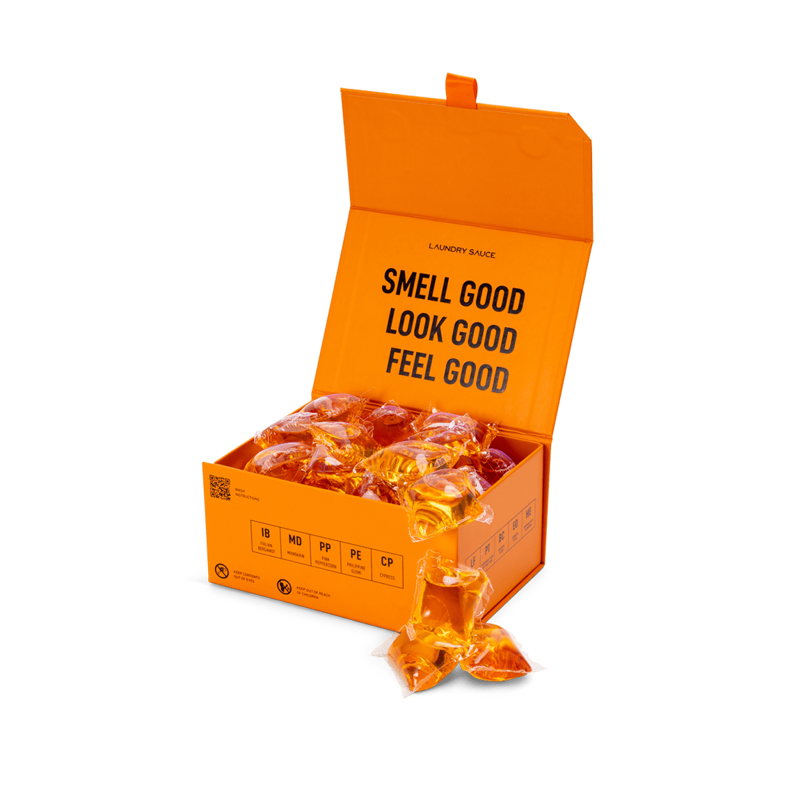 Orange box of laundry detergent pods with open lid and a few wrapped pods outside