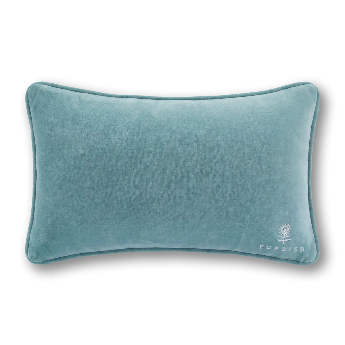 Light blue velvet lumbar pillow with embroidered brand logo on the corner