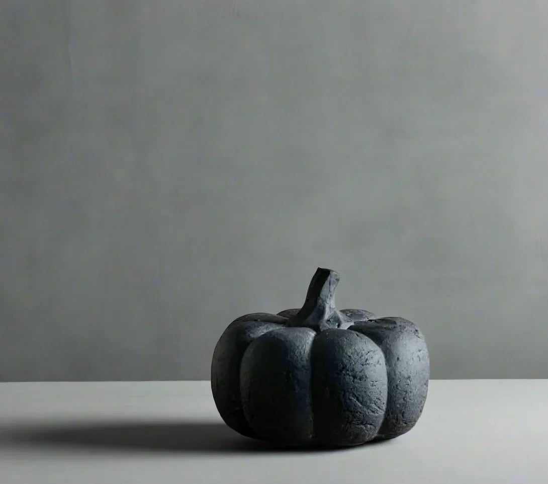Single dark decorative pumpkin with ridged texture and curved stem