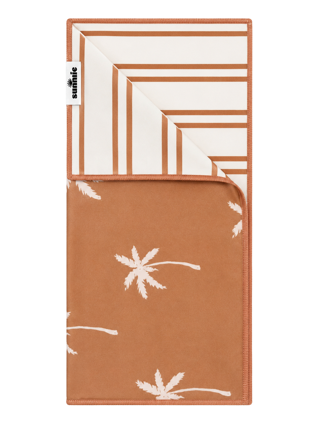 Quick-dry towel with palm tree print, terracotta-brown fabric and beige border