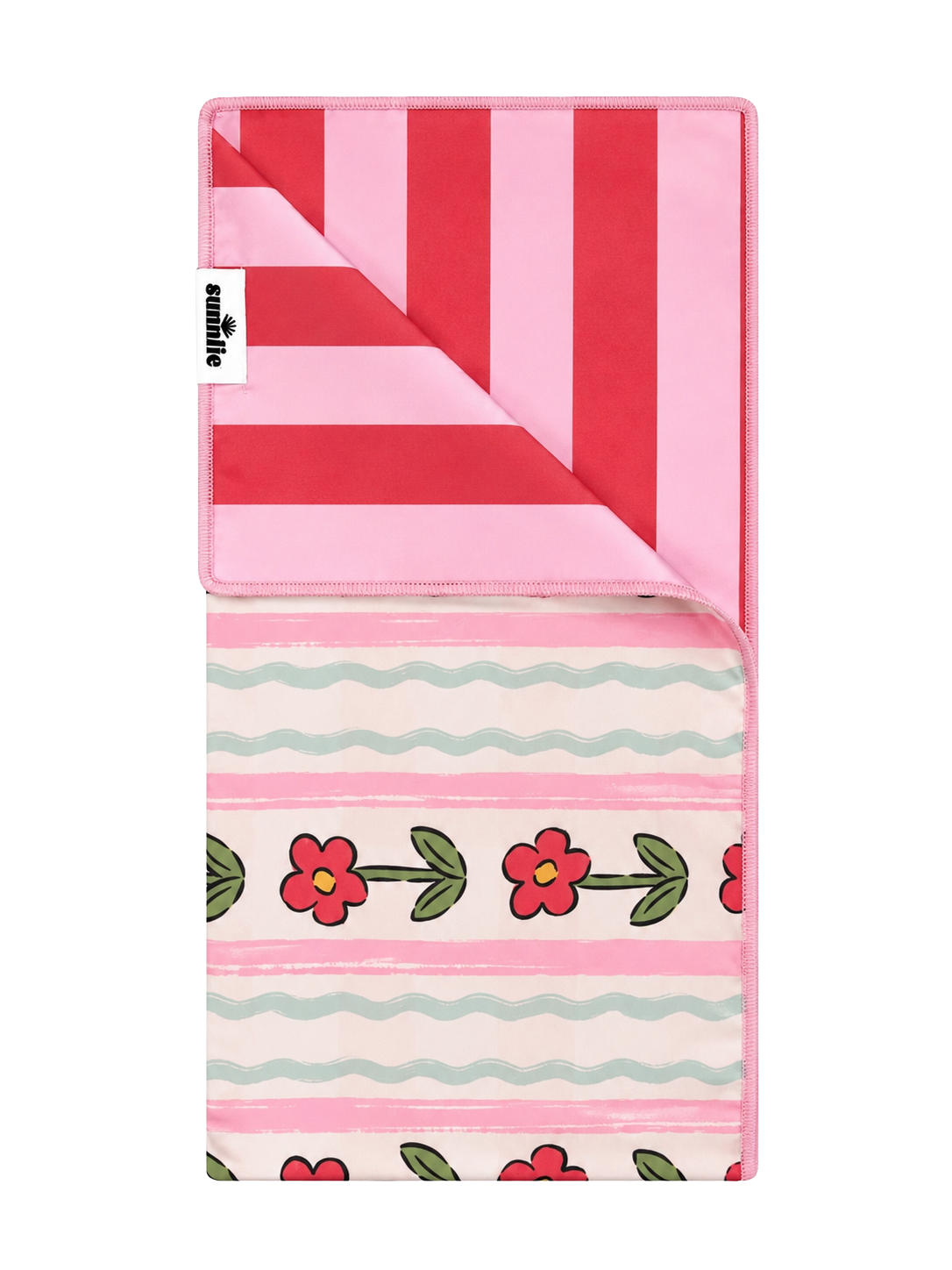 Pink quick-dry towel with red stripes, wavy border, and red flower pattern