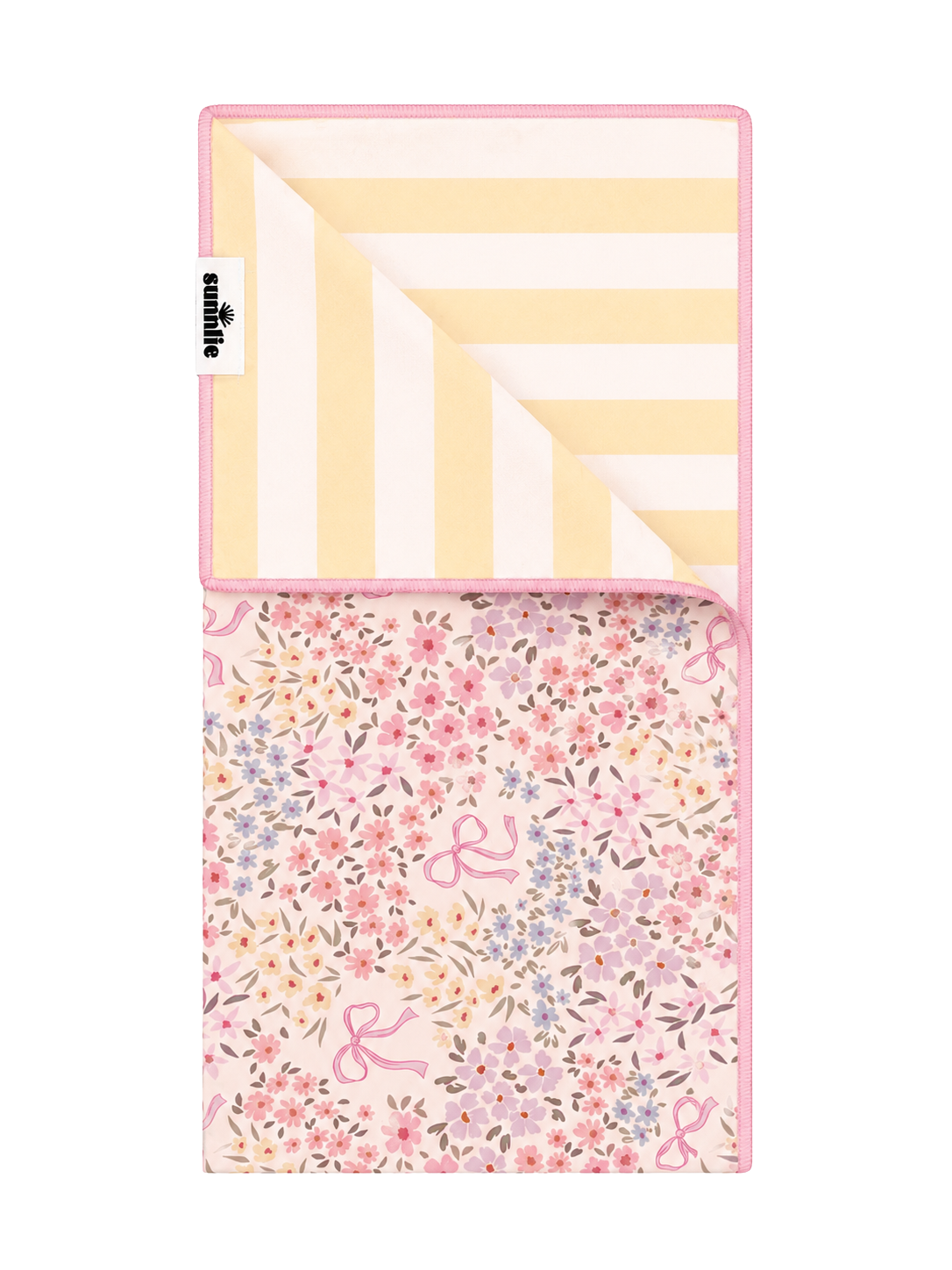 Quick-dry towel with pink floral and flamingo print, folded rectangle