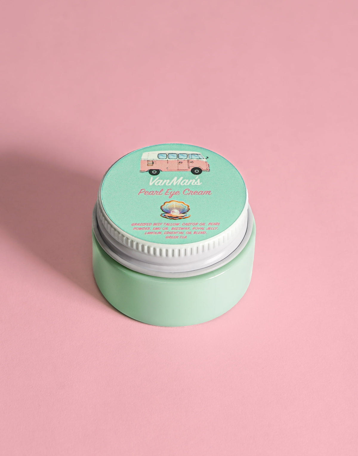 VanMan's Pearl eye cream jar, mint-green container with silver ridged lid