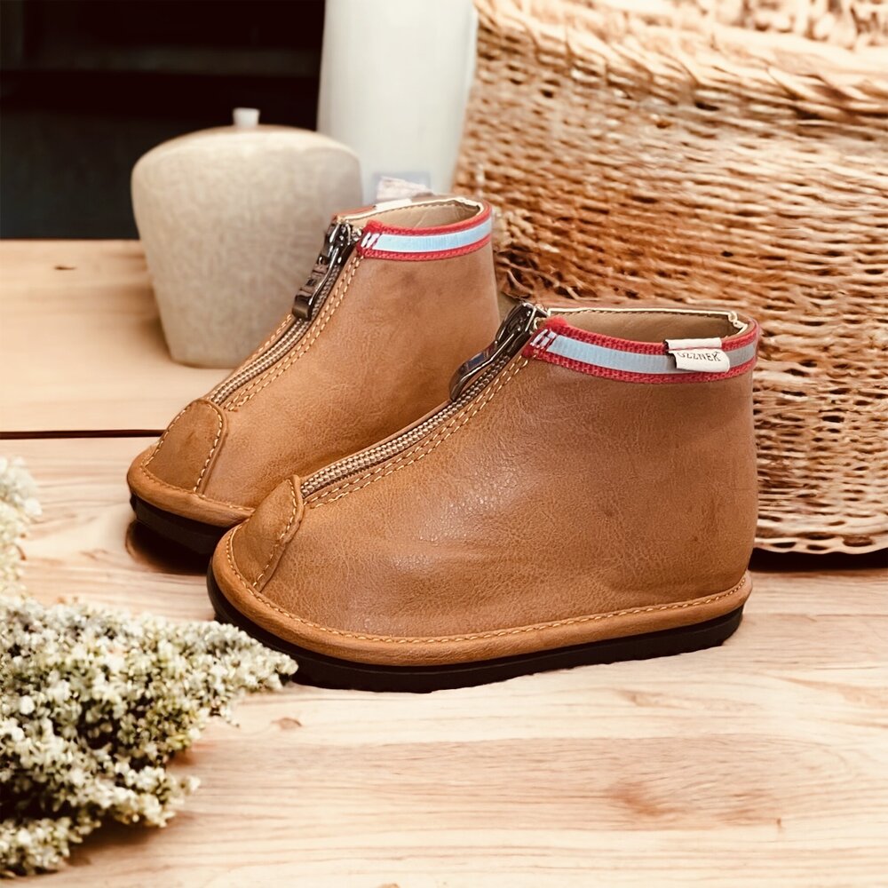 Toddler brown ankle boots with side zipper, stitched toe and red-trimmed collar