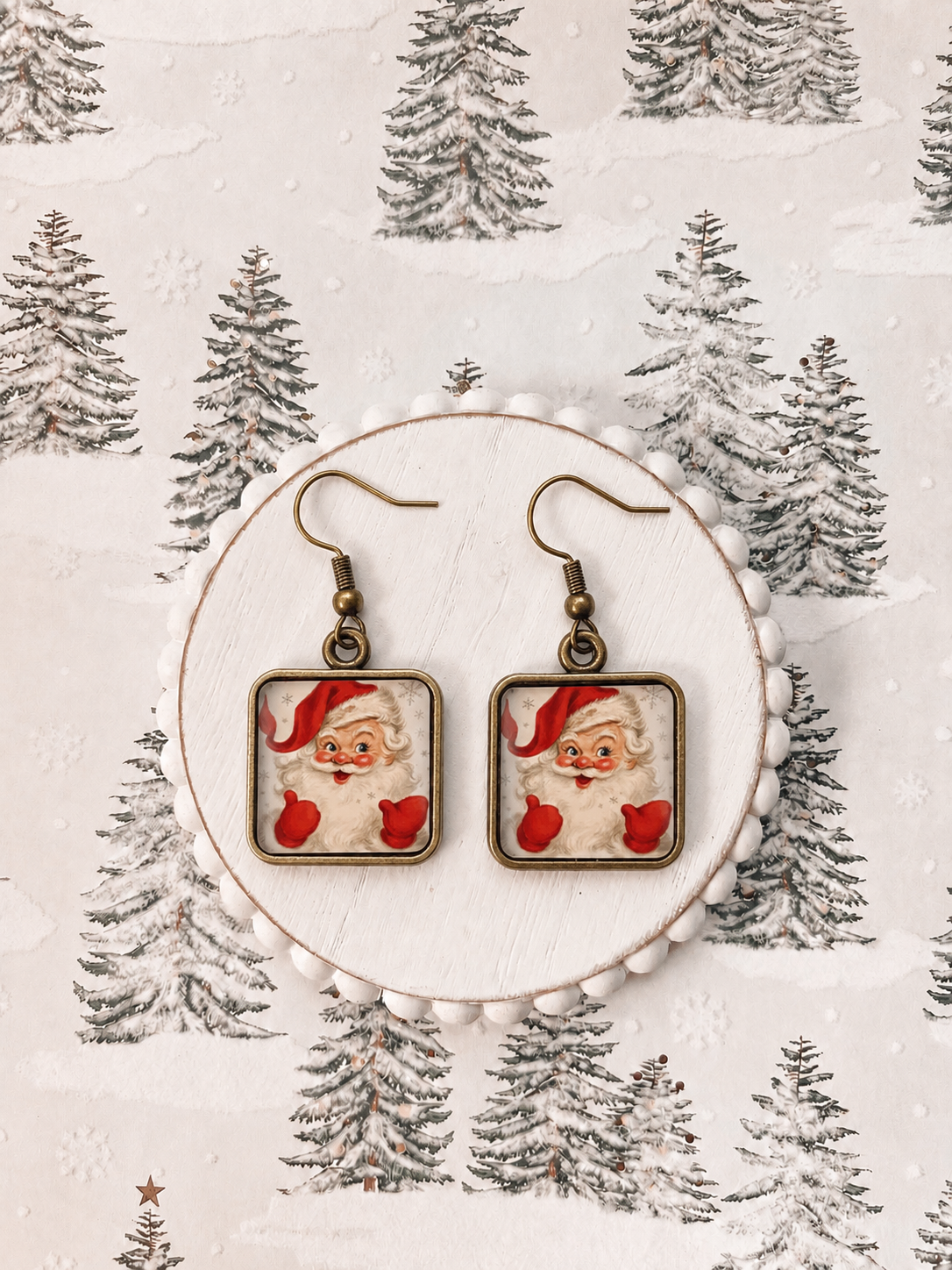 Vintage Santa face square drop earrings with gold-tone hooks