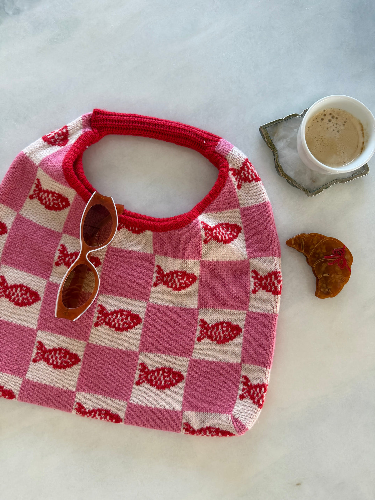 Fish-pattern tote bag, pink and cream checkerboard with red trim and handle
