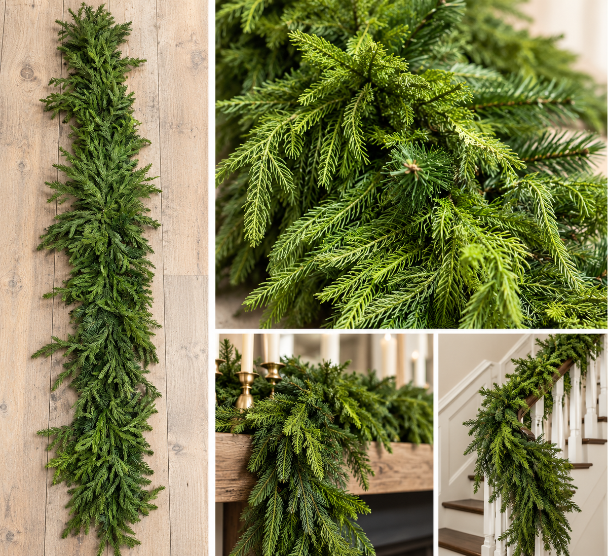 Norfolk pine mantle garland with dense dark green branches, vertical hanging design
