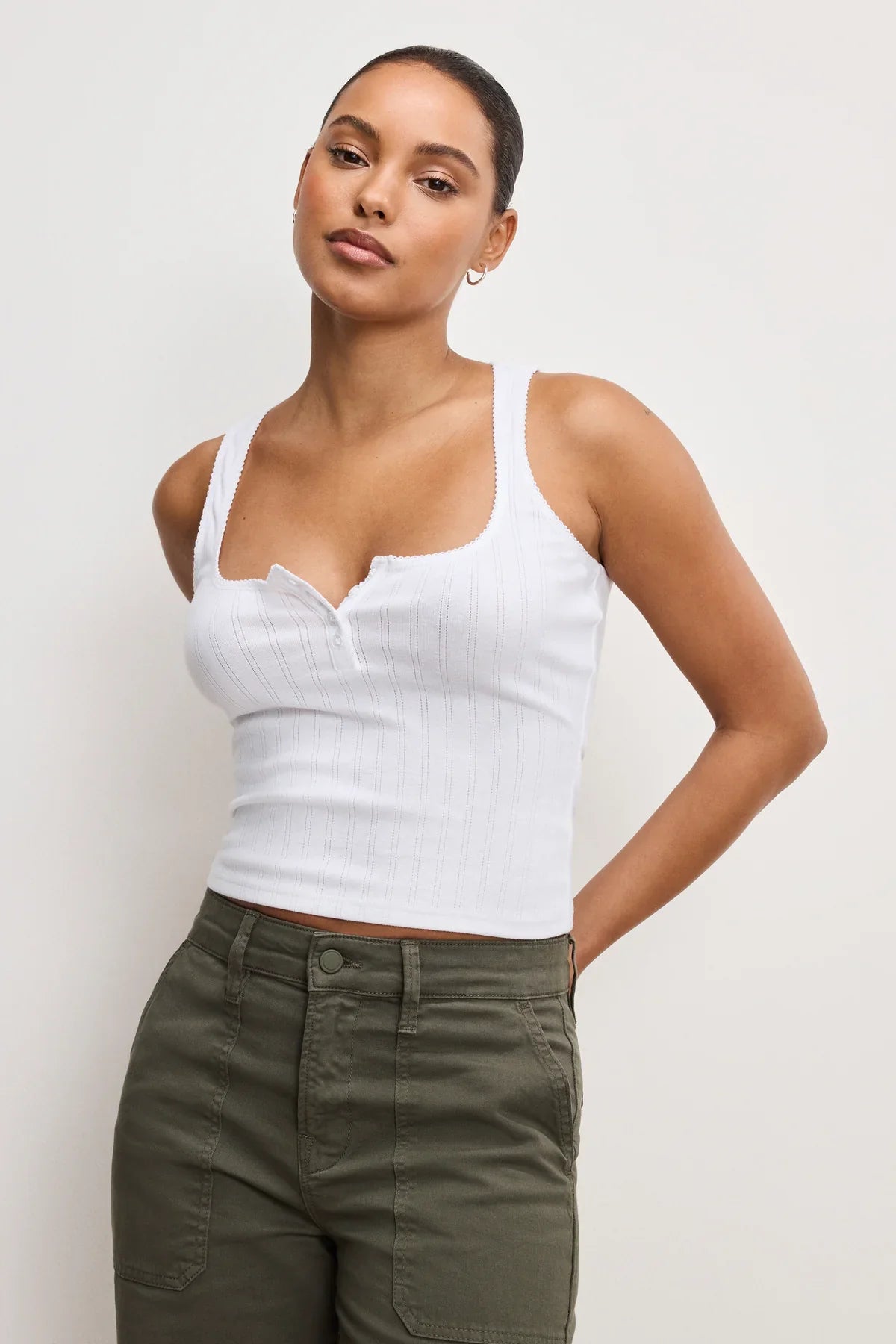 White pointelle henley tank top with button placket and square neckline