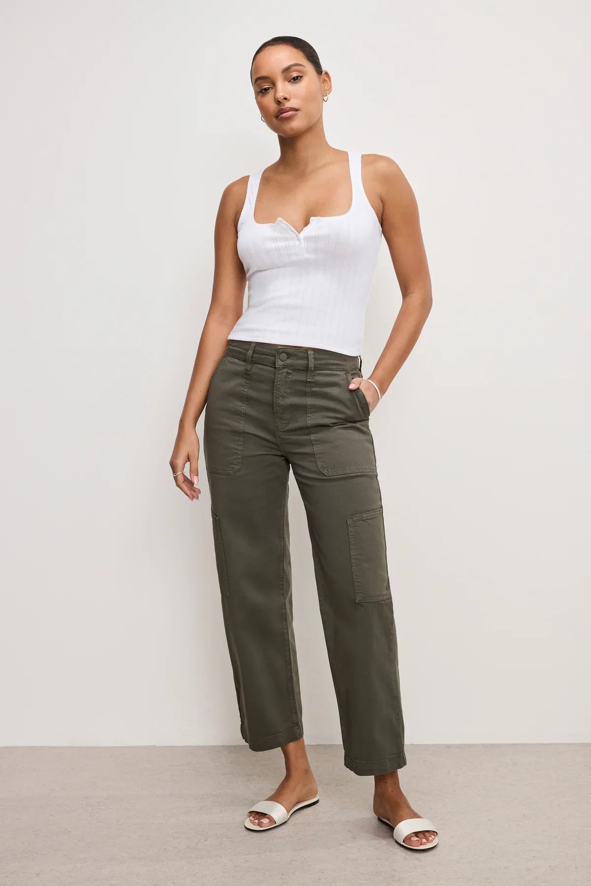 White pointelle henley tank top, sleeveless with button-front detail