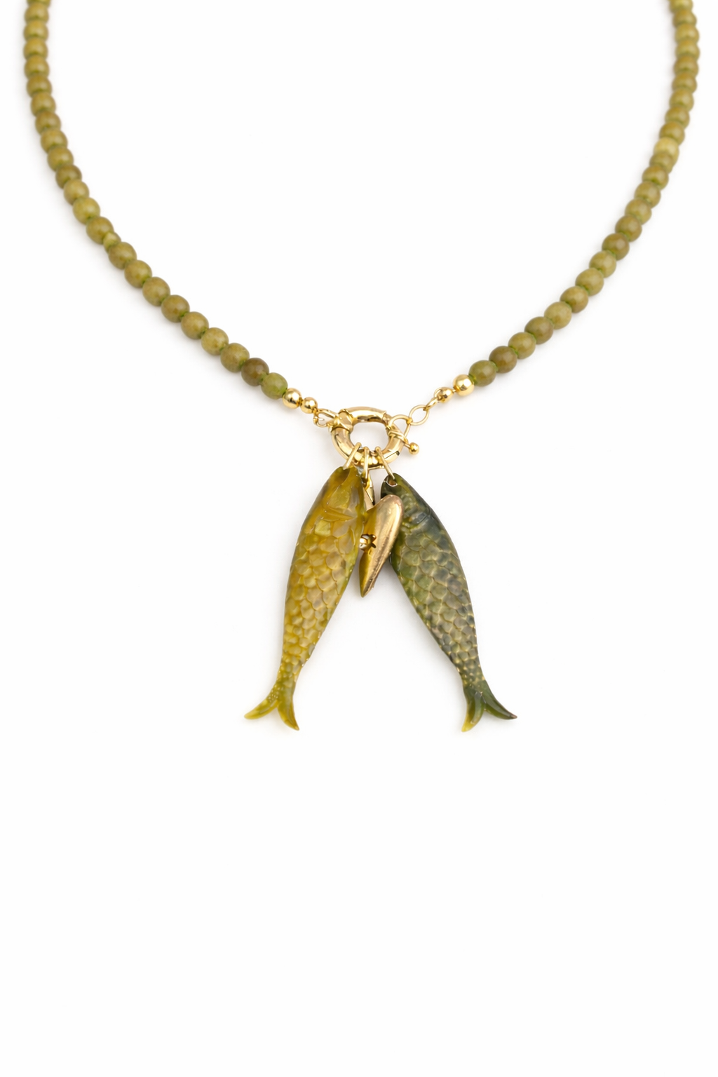 Olive bead fish pendant necklace with gold clasp and textured twin fish charms