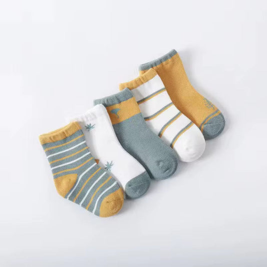 Kids organic cotton sock set, mustard and gray stripes with white socks