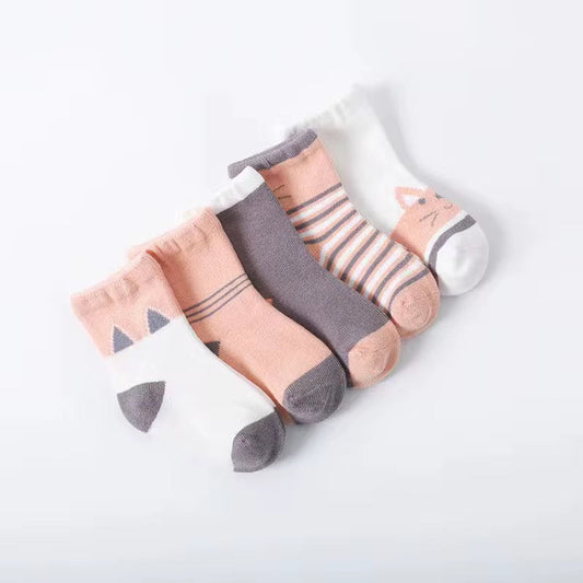 Kids socks set of three with cat faces and striped sections in pink, gray, and white