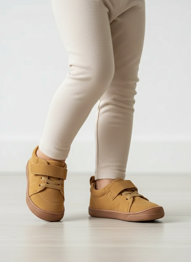 Tan kids' suede sneakers with lace-up closure and flexible rubber sole