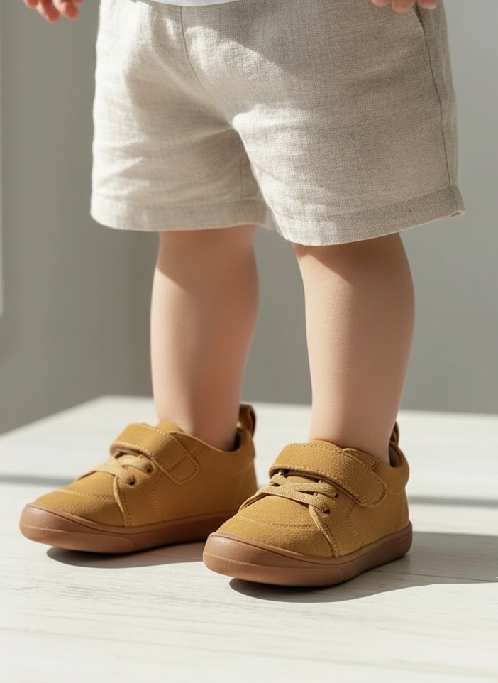 Kids' tan suede sneakers with lace-up closure on a light floor