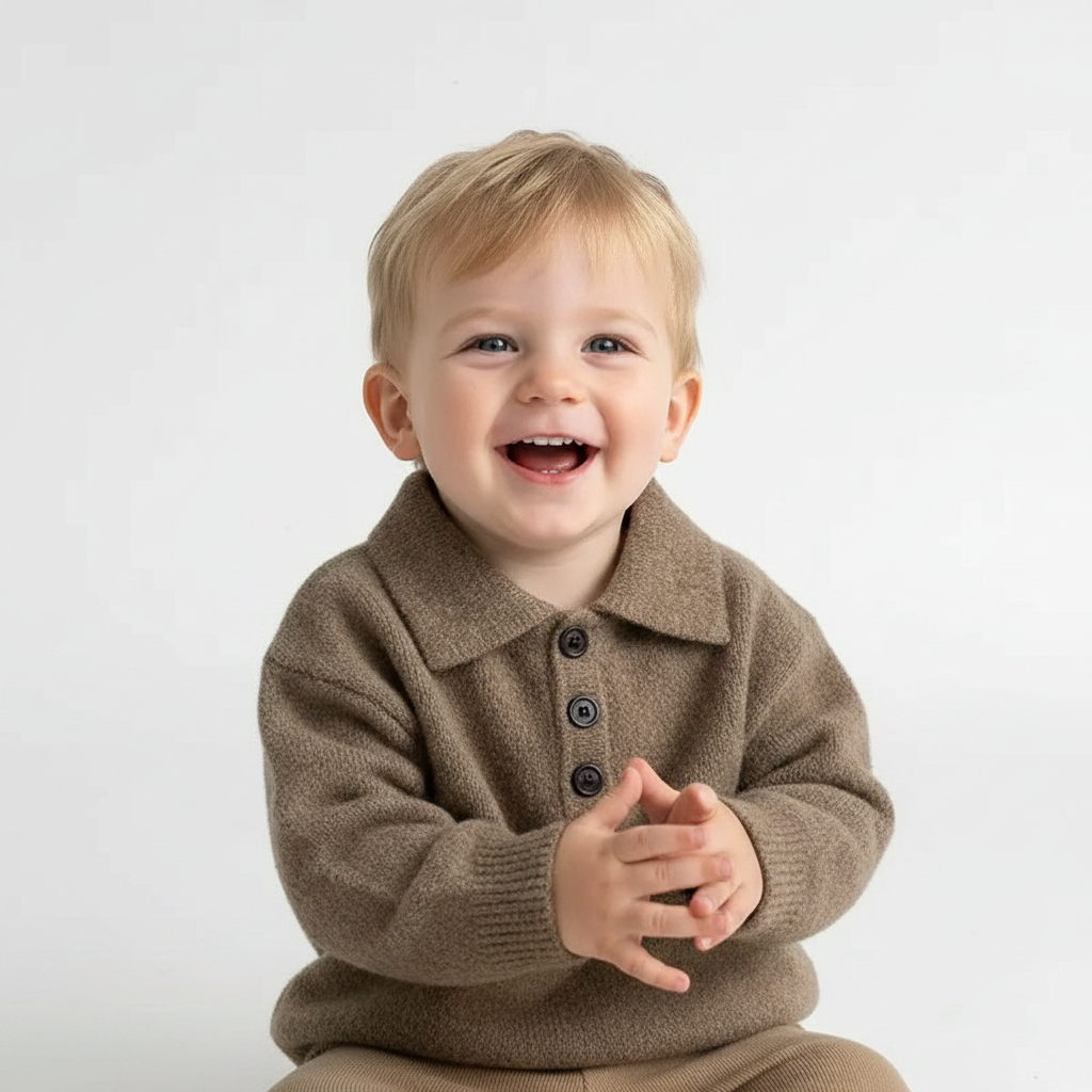Tan toddler knit sweater with polo collar and three-button placket, long sleeves