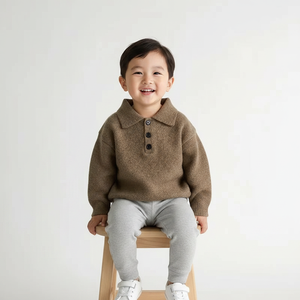 Tan toddler sweater with polo collar and black buttons, long sleeves