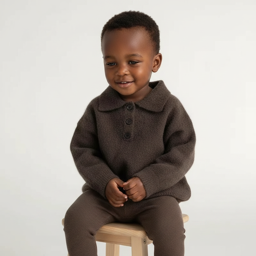 Dark brown toddler sweater with polo collar, button placket, and ribbed cuffs