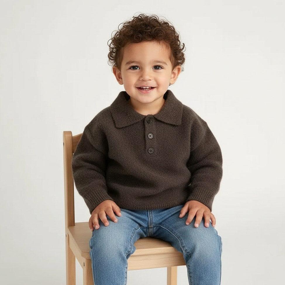 Brown toddler knit sweater with polo collar and button placket, long sleeves