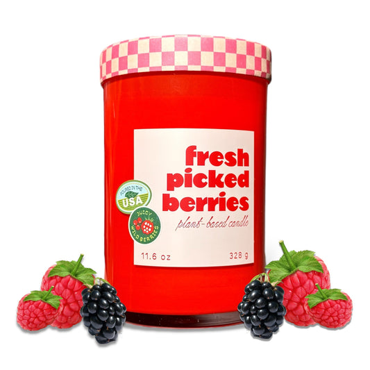 Fresh Picked Berries glass candle: red jar with checkered lid and front label.