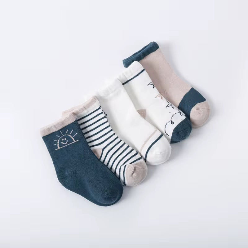 Toddler organic cotton socks 5-pack in dark teal, cream, and white with cute prints