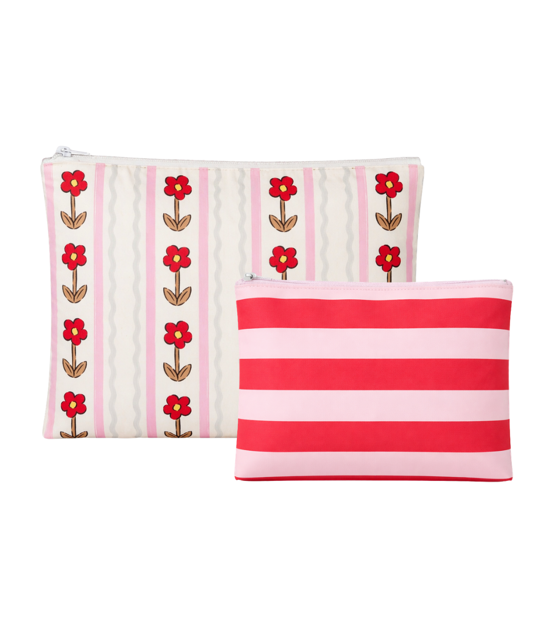 Red and white floral striped zip pouch with matching front pouch