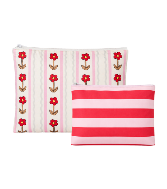 Red and white floral striped zip pouch with matching front pouch