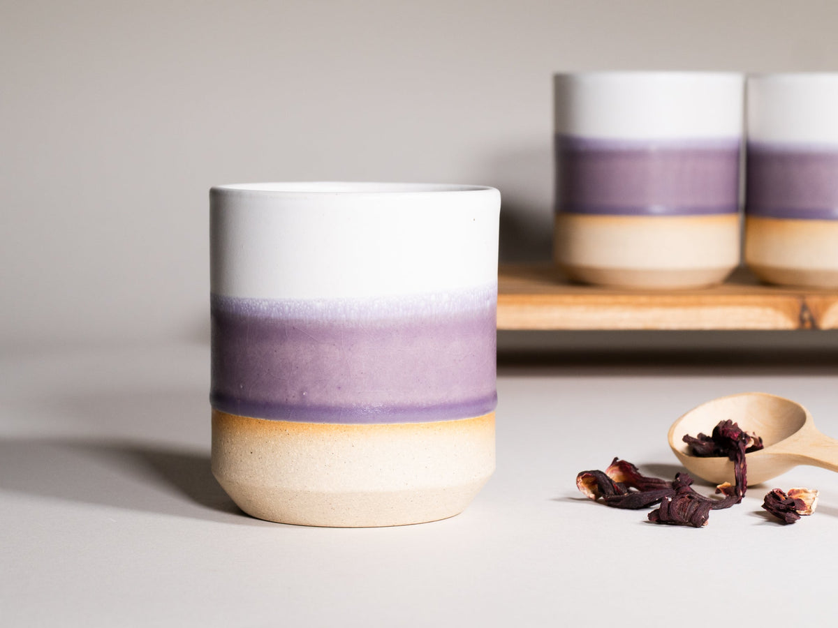 Purple-white stoneware smoothie cup with ombre bands, 14 oz
