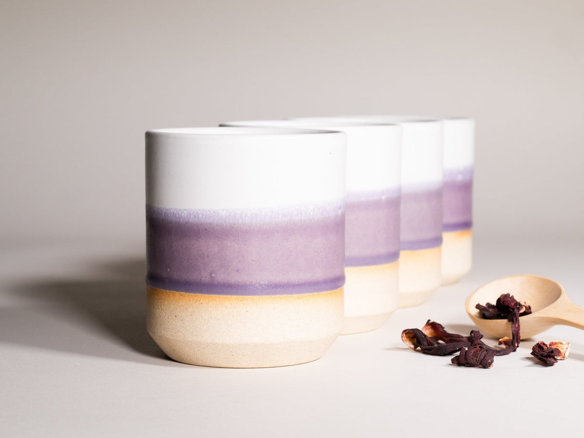 Set of stoneware smoothie cups with purple-white ombre glaze stripes, 14 oz