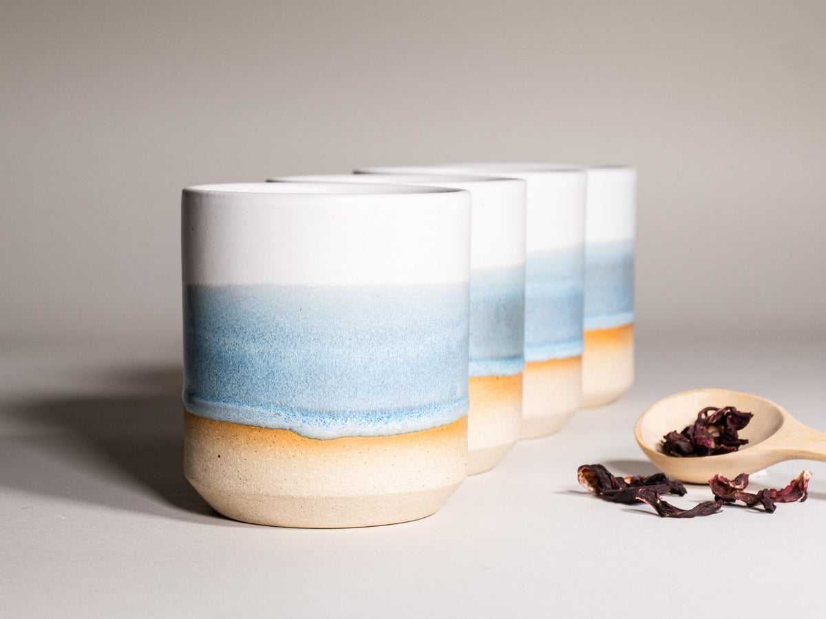Ice blue and white stoneware smoothie cups with ombre glaze, set of cups