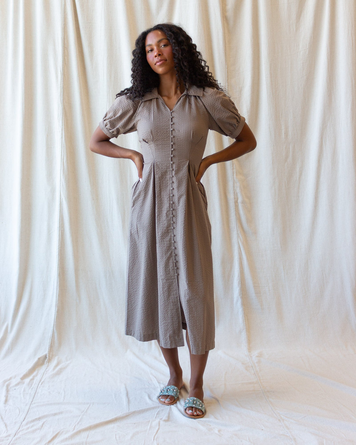 Brown midi field dress with button-front detail, short puff sleeves, and fitted waist