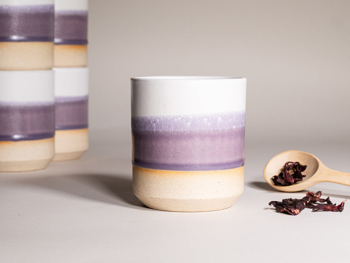 14 oz stoneware smoothie cup with purple, white, and beige ombre bands
