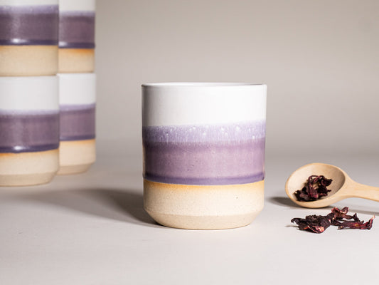 14 oz stoneware smoothie cup with purple, white, and beige ombre bands