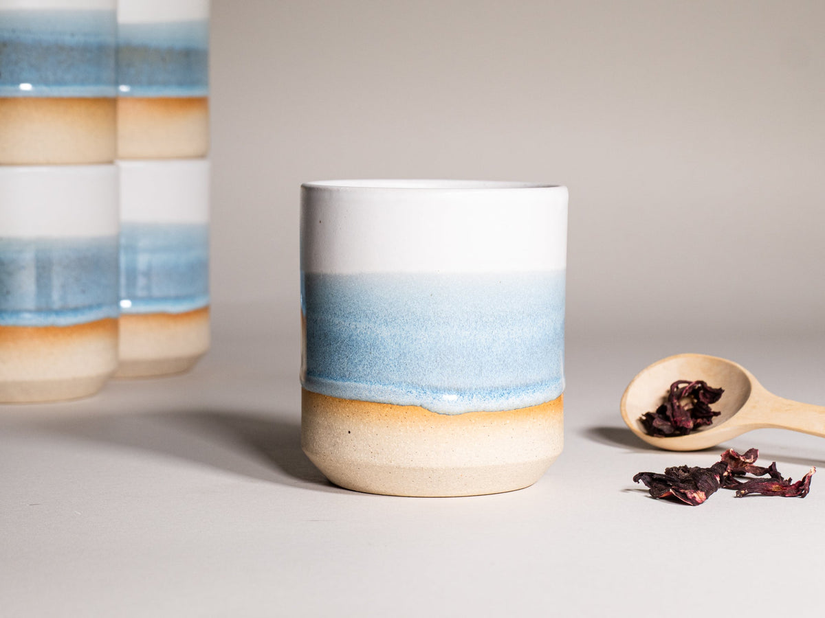 Ice blue and white stoneware smoothie cup with ombre glaze, 14 oz